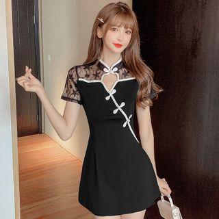 Lace Panel Frog-button Mini A-line Dress