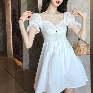 Plain Lace-up Puff-sleeve A-line Dress