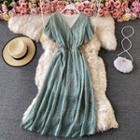 Ruffled Sleeve V-neck Floral Print Midi Dress