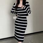 Set: Striped Cardigan + Spaghetti Strap Sheath Dress Set Of 2 - Stripes - Black & White - One Size