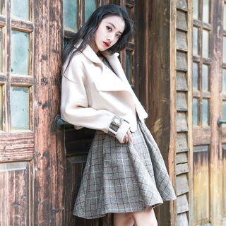 Set: Sleeveless Plain Skirt + Open-front Tweed Jacket