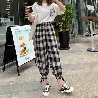 Set: Short-sleeve Printed T-shirt + Plaid Jogger Pants