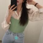 Long-sleeve Striped Shirt / Spaghetti Strap Knit Top