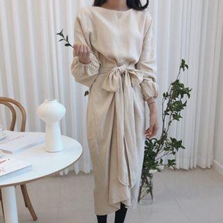 Balloon-sleeve Tie-waist Midi Dress