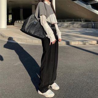 Cropped Long-sleeve Shirt / Plain Sleeveless Shawl / Belt Buckle Dress Pants