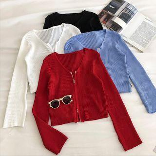 Plain V-neck Zipper Long-sleeve Cardigan