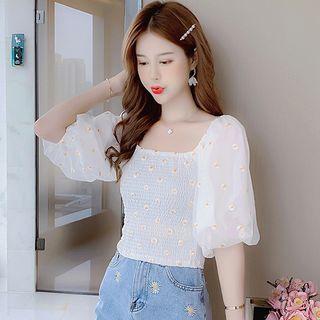 Elbow-sleeve Embroidered Smocked Top