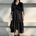 Short-sleeve Ruffle Trim Midi Dress Black - One Size