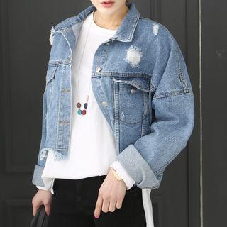Distressed Cropped Denim Jacket Blue - One Size