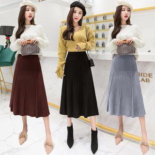 High-waist Pleated Ribbed Skirt