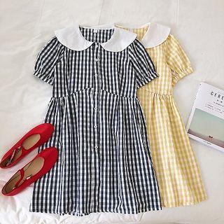 Color-block Peter-pan Collar Short-sleeve Plaid Dress