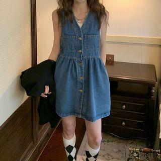 Button-up Denim Mini Overall Dress Blue - One Size
