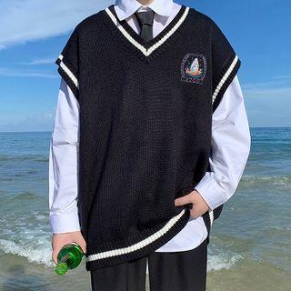 Contrast-trim Embroidered V-neck Knit Vest