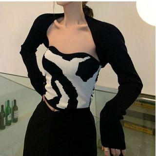 Long-sleeve Knit Crop Top / Cow Print Knit Tube Top / Boot-cut Pants