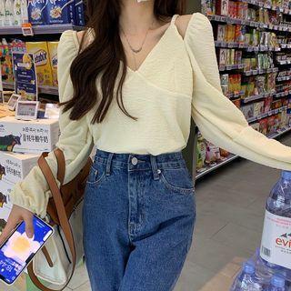 V-neck Off-shoulder Puff-sleeve Top