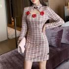 Long-sleeve Floral-accent Plaid Mini Bodycon Qipao Dress