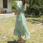 Puff-sleeve Frilled-hem Floral Dress