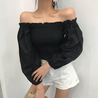 Off-shoulder 3/4-sleeve Smocked Crop Top