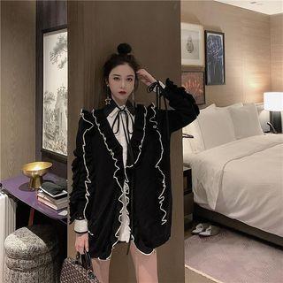 Contrast Trim Ruffled Cardigan Black - One Size