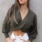 Puff Sleeve V-neck Twisted Crop Sweater