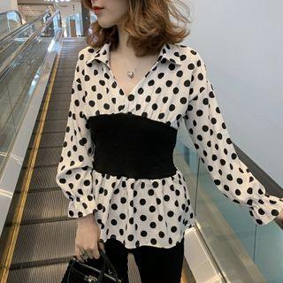 Long-sleeve Dotted Open-collar Blouse