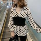 Long-sleeve Dotted Open-collar Blouse