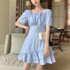 Short-sleeve Square-neck Ruffle Trim Mini A-line Dress