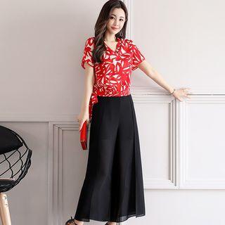 Set: Printed Short-sleeve Top + Cropped Wide-leg Pants
