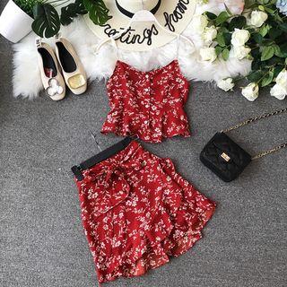 Set: Floral Print Cropped Camisole Top + Skort