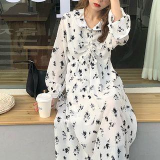 Peter Pan Collar Floral Medium Long Dress As Shown In Figure - One Size