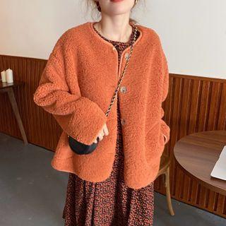 Fleece Button-up Jacket / Long-sleeve Floral Print Midi A-line Dress