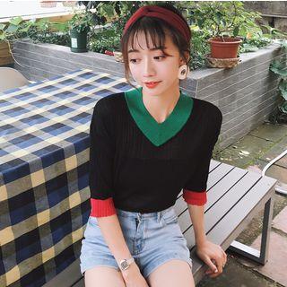 V-neck Mesh Panel Long-sleeve Knit Top