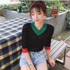 V-neck Mesh Panel Long-sleeve Knit Top