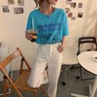 Elbow-sleeve Printed T-shirt / Straight-fit Pants