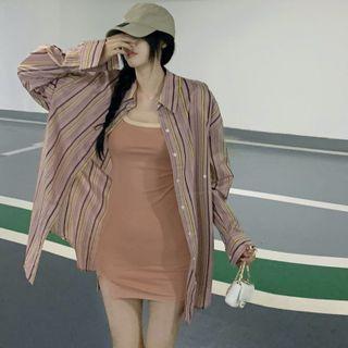 Striped Loose-fit Light Shirt / Contrasted Sleeveless Mini Dress