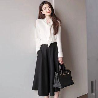 Set: Tie-neck Knit Top + Plain A-line Skirt