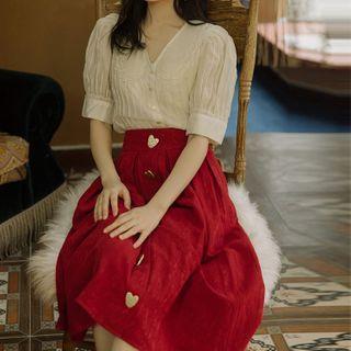 Set: V-neck Short-sleeve Blouse + Buttoned Midi A-line Skirt