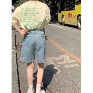 Short-sleeve Lettering Flower Print T-shirt Light Yellow - One Size