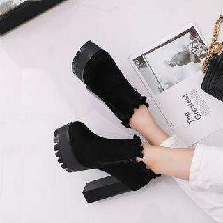 Faux Suede Frill Trim Chunky Heel Pumps