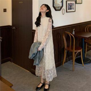 Lace Long-sleeve Midi Shift Dress As Shown In Figure - One Size