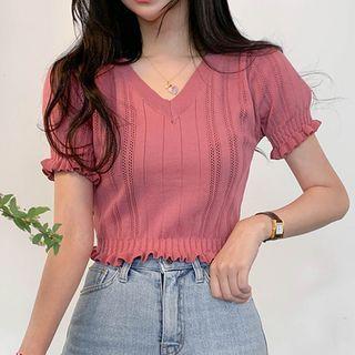 Ruffle-trim Perforated Cropped Top