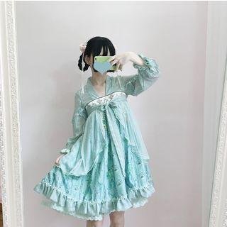 Long-sleeve Tulle-overlay Shirred Dress