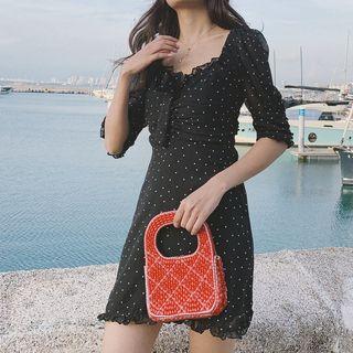 Elbow-sleeve Mini Dotted Mini A-line Dress