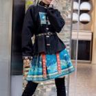 Traditional Chinese Crane Embroidered Frog Button Jacket / Pleated Wrap Skirt / Belt / Set