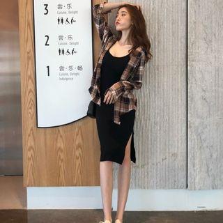 Plaid Shirt / Spaghetti Strap Knit Dress