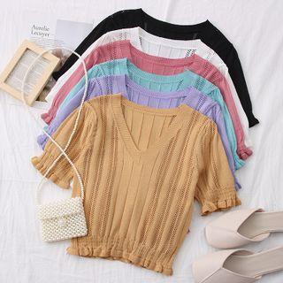Eyelet V-neck Crop Knit Top In 6 Colors