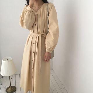 Long-sleeve V-neck Shirtdress Yellow - One Size