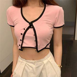 Set: Spaghetti Strap Knit Top + Short-sleeve Cardigan Cardigan - Pink - One Size / Top - Pink - One Size