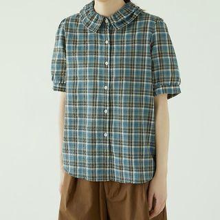 Short-sleeve Plaid Shirt Blue - One Size