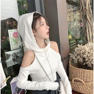 Long-sleeve Off-shoulder Hooded T-shirt